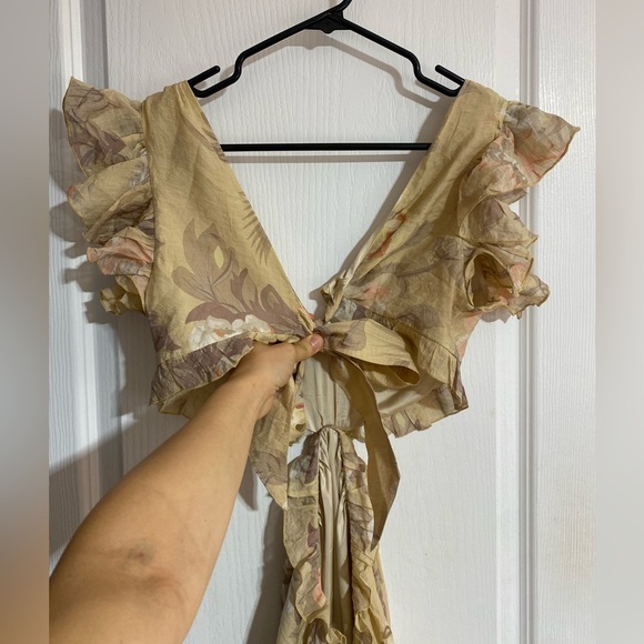 H&M Cut Out V-Neck Frill Flowy Back Tie Floral Draping Maxi Dress Size Small - Picture 10 of 13